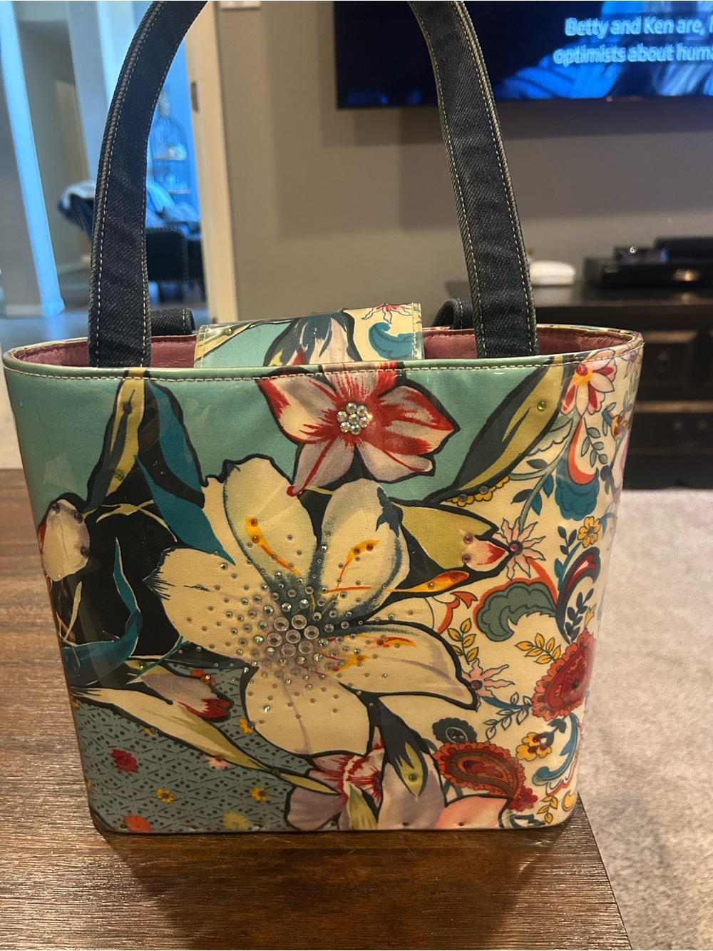 Floral Embellished Blue Multicolor Tote Bag